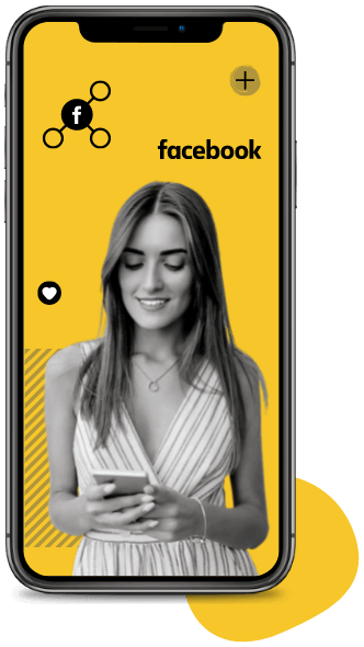 A mockup of a woman and Facebook icons on an iPhone.