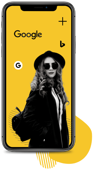 A woman dressed in black on an iPhone screen with SEO logos.